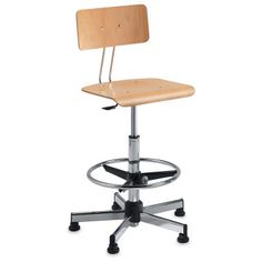 an office chair with a wooden seat and metal base, on casteors to wheels