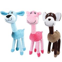 three knitted giraffes and one zebra are shown in different colors on a white background