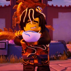 the lego movie character is holding a bowl