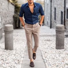 Dark Brown Loafers Outfit Men, Brown Pants Outfit Men Formal, Blue Dress Shirt Outfit Men, Dark Blue Shirt Outfit Men, Brown Shirt Outfit Men, Mens Brown Dress Pants, Brown Pants Men, Brown Pants Outfit, Dress Pants Outfits