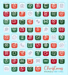 the christmas icons are all in different colors and sizes, including red, green, white and