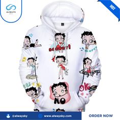 Betty Boop Hoodies - 3D Printed Sweatshirt x Alwaysky. Introducing our versatile and stylish Essential Cotton Shirt! Crafted with premium cotton for ultimate comfort and durability. Perfect for any occasion, from casual to formal. Elevate your wardrobe with this timeless classic. #betty boop #Shirt #Alwaysky Casual Fleece Sweatshirt With Character Print, Casual Hoodie With Character Print, Casual Hoodie Sweatshirt With Character Print, Sporty Hoodie With Cartoon Print And Crew Neck, Fleece Hoodie Sweatshirt With Character Print, White Hoodie With Sublimation Print For Streetwear, Sporty Crew Neck Hoodie With Cartoon Print, Sporty Hoodie Sweatshirt With Character Print, White Hoodie With Character Print