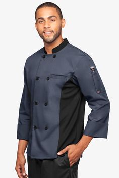 This chef coat keeps it simple with light fabric and easy double-breasted styling. Breathable mesh side panels. Stand collar. ¾ sleeves with turnback cuffs. A center back vent for ease. You don’t fade when the heat is on – and neither will Chef Lightweight. Crisp blended fabric won’t weigh you down, stays cool and vibrant wash after wash. • Classic fit • Stand collar • Double breasted • Button closure • Total of 2 pockets • 1 single-welt chest pocket • 1 thermometer pocket on left sleeve • ¾ sle Professional Long Sleeve Outerwear With Welt Pockets, Professional Long Sleeve Black Outerwear, Professional Black Long Sleeve Outerwear, Professional Black Long-sleeve Outerwear, Fall Outerwear With Pockets And 3/4 Sleeve, Workwear Outerwear With 3/4 Sleeves And Pockets, Fitted Outerwear With Pockets And 3/4 Sleeves, Black Outerwear With Functional Pockets For Work, Chef Coats