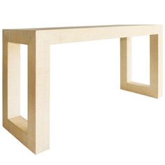 a white table with a wooden frame on the top and bottom edge, against a white background