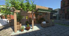 an outdoor patio with potted plants and wooden structures on the ground, surrounded by brick pavers