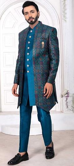 Blue color IndoWestern Dress in Art Silk fabric with Embroidered, Sequence, Thread work Blue Ceremonial Dresses For Festive Season, Blue Ceremonial Festive Dress, Elegant Blue Transitional Dresses, Elegant Blue Dresses For Transitional Season, Elegant Blue Ceremonial Dress, Traditional Blue Formal Dress, Party Wear Indowestern Dresses, Indowestern Dress, Indo Western Dress