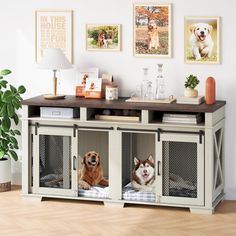 two dogs are sitting in their kennels on the floor next to each other