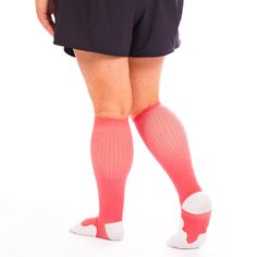 Finding a compression sock that fits plus-size calves is challenging for many people. Our latest version of the Marathon Wide-Calf knee-high compression socks accommodates a broader range of larger calf sizes while delivering the appropriate level of 20-30mmHg compression. The new Just Peachy Marathon Wide-Calf socks fit the following calf circumferences measured in inches: 2XL = 20 to 22 inches 3XL = 23 to 24 inches 4XL = 25 to 26 inches Refer to the size chart for more details Our knee-high Ma Supportive Compression Knee-high Socks, Pink Knee-high Sports Socks, Breathable Supportive Knee-high Socks, Breathable Compression Knee-high Socks, The Marathon, Calf Sleeve, Fuzzy Socks, Just Peachy, Calf Socks