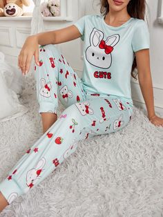 Cute Rabbit Print Round Neck Short Sleeve Shirt And Pants Ladies Pajama Set Multicolor     Cartoon  High Stretch All Women Sleep & Lounge, size features are:Bust: ,Length: ,Sleeve Length: Cute Cotton Sleepwear, Cute Loungewear Sets With Long Pants, Casual Sleep Sets With Long Pants, Casual Sleepwear Set With Long Pants, Cute Long Pants Sleepwear For Loungewear, Cute Long Pants Sleepwear For Sleepovers, Cute Green Short Sleeve Sleepwear, Multicolor Long Pants Sleepwear For Loungewear, Multicolor Pajama Party Sets With Long Pants