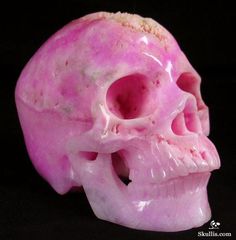 a pink skull with its mouth open on a black background in close up view from the side