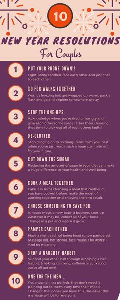 the 10 new year resolutions for couples is shown in purple and orange with an orange circle