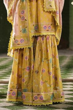 Yellow floral printed kurta with embroidered neckline, hem-line and sleeves. Comes with matching sharara sprinkled with sequin cheentas and contrasting dupatta with embroidery and lace details. - Aza Fashions Churi Sleeves, Kurta Sharara Set, Kurta Sharara, Women Kurta, Straight Kurta, Sharara Set, Embroidered Neckline, Set Women, Yellow Floral