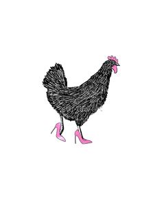 a drawing of a chicken wearing high heeled shoes and a pink bow on its head