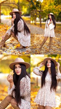 a woman with long hair wearing a hat and boots in the fall leaves, posing for a