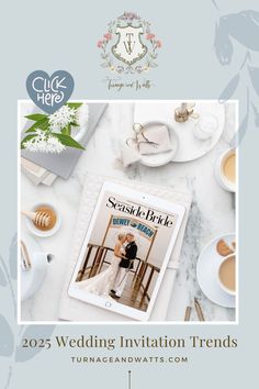 a table topped with white plates and cups filled with cake next to a magazine cover