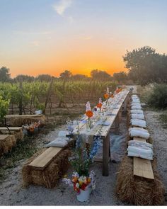 a long table is set up in the middle of a field with hay bales