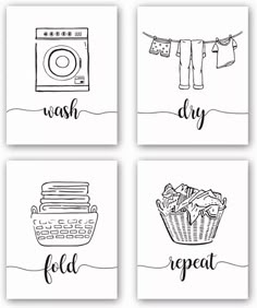 four black and white pictures with laundry symbols