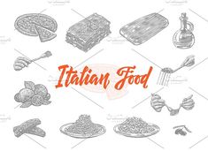 italian food hand drawn sketch set on white background with place for your text stock illustration