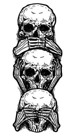 three skulls stacked on top of each other in black and white stock photo, skeleton drawing,