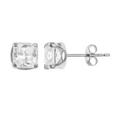 Enhance your ensemble with these dazzling 10k white gold cubic zirconia square stud earrings. Comes in a gift box. EARRING DETAILS Diameter: 5 mm Backings: post Metal: 10k white gold CUBIC ZIRCONIA DETAILS Total weight: 1 1/5 ct. Shape: princess cut Setting: prong  Size: One Size. Gender: female. Age Group: adult. Rectangular Cubic Zirconia Earrings As Gift, Silver Rectangular Classic Diamond Earrings, Classic Silver Rectangular Diamond Earrings, Classic Rectangular Cubic Zirconia Earrings, Rectangular Cubic Zirconia Diamond Earrings With Prong Setting, Brilliant Cut Cubic Zirconia Rectangular Earrings, Silver Princess Cut Earrings For Gift, Square Cut Cubic Zirconia Earrings For Anniversary, Silver Square Cut Earrings For Gift