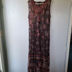 Biya Johnny Was Brown Funky Sheer Embroidered Mesh Sleeveless Maxi Dress Szxl Kind Of A Scoop Neck Embroidered Neckline & Mid Bodice Brown Mesh With Floral Pattern (Colors In The Pics Are Pretty Accurate) Nice Earthtones Embroidered 2 Tiers On The Bottom Ruffle Hem Zips Down The Back Art-To-Wear I Assume It Came With A Slip, But Slip Is Missing You Can Add Various Colored Slips & Different Lengths For Your Desired Effect Approximate Flat Lay Measurements: Pit To Pit 22" Waist 23" Length 59" (I'm Sleeveless Embroidered Dress For Vacation, Brown Bohemian Sleeveless Dress For Summer, Sleeveless Floral Embroidery Maxi Sundress, Floral Embroidery Sleeveless Sundress Maxi Dress, Brown Sleeveless Bohemian Dress, Bohemian Sleeveless Brown Dress For Beach, Bohemian Sleeveless Beach Dress, Bohemian Brown Sleeveless Beach Dress, Sleeveless Brown Floral Print Maxi Dress