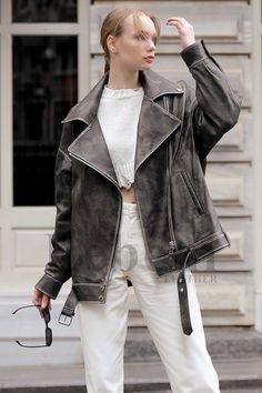 Leather Jacket Women Vintage ,Oversize Gray Tumbled Long Biker Real Genuine Lambskin Coat Leather Jacket Plus Size, Plus Size Leather Jacket, Lambskin Coat, Oversized Leather Jacket, Leather Jacket Women, Pilot Jacket, Leather Jacket Outfits, Real Leather Jacket, Motorcycle Women