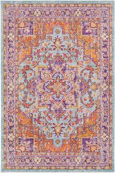 an orange, purple and blue area rug