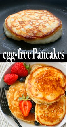 egg - free pancakes with strawberries and blueberries on the side are shown in this collage