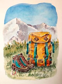 a watercolor painting of a backpack and shoes in the grass with mountains in the background