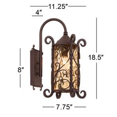 an outdoor wall light with measurements for the size and width, shown in bronze finish