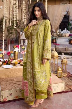 Green Embellished Kameez Trousers Pakistani Eid Dress is an elegant attire adorned with embroidery and threads. Lavish floral designs and hand-worked details make this beautiful Pakistani Dress an epitome of beauty and your foremost priority for the big day. Detailed Description: SKU: PB0078 Detailing: Embroidery, Threads, Floral designs Color: Parrot Green Fabric: Lawn Design: Fully Embroidered dress Event: Festive, Party wear Pakistani Branded Dresses Lawn, Parrot Color Suit, Bridal Foot Jewelry, Eid Dress, Dress Event, Lawn Design, Parrot Green, Lawn Dress, Beautiful Pakistani Dresses