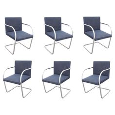 six mid century modern chairs in blue fabric and chrome frames, set of four for sale