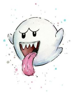 a watercolor drawing of a ghost with its tongue out