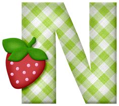 the letter n is made up of green and white checkered fabric with a strawberry on it