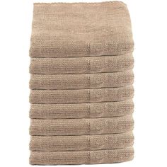 a stack of beige towels folded on top of each other in front of a white background