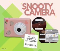 a pink camera with stickers on it next to an advertise for a product