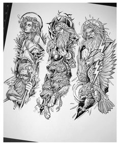 an ink drawing of three women with tattoos on their arms