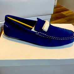 Brand New Blue Leather Low-top Loafers, Blue Low-top Leather Loafers, Blue Slip-on Loafers With Suede Lining, Blue Loafers With Suede Lining And Round Toe, Casual Blue Loafers With Suede Lining, Blue Suede Loafers With Flat Heel, Blue Suede Flat Loafers, Calvin Klein Leather Slip-on Loafers, Calvin Klein Slip-on Leather Loafers