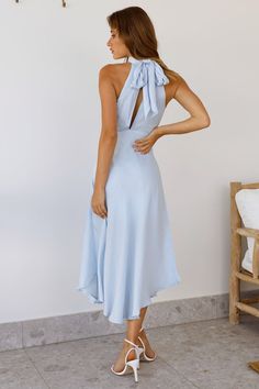 Length from shoulder to hem of size S: 123cm. Steel Blue maxi dress. Cold hand wash only. Model is a standard XS and is wearing size XS. True to size. Lightweight, non-stretchy woven textured fabric. Tie-up neck detail. Side zipper. Polyester. With this fab and extra AF dress, there'll be No Tears Here. This piece features a tie-up neck detail with a sweetheart neckline and an asymmetrical hemline - unique and pretty! Style yours with heels and soft curls. Stretch Midi Dress With Tie Back, Stretch Maxi Dress For Summer Brunch, Solid Non-stretch Midi Dress For Brunch, Chic Light Blue Solid Color Dress, Chic Light Blue Tie Back Dress, Chic Blue Tie-back Dress, Chic Light Blue Tie-back Dress, Chic Blue Dress With Tie Back, Chic Light Blue Dress With Tie Back