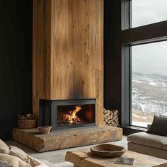 a living room filled with furniture and a fire place in front of a large window