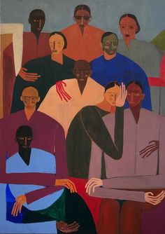 an abstract painting with many people in different colors and sizes, including one man holding his hand up to the other