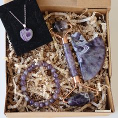 Woman Gift Box, Amethyst Self Care and Jewelry Box, Amethyst Face Roller and Qua Sha, Amethyst Necklace and Wristlet Purple Rectangular Jewelry As A Gift, Purple Rectangular Jewelry For Gifts, Purple Rectangular Jewelry Gift, Minimalist Women, Face Roller, Amethyst Necklace, Pendant Necklaces, Self Care, Jewelry Necklace Pendant