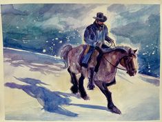 a watercolor painting of a man riding a horse in the snow with his hat on