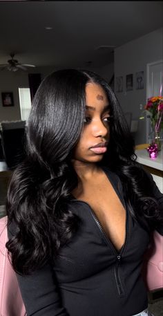 Middle Sew In With Leave Out, Excited Reaction Pic Cute, Traditional Middle Part Sew In, Middle Part Leave Out Sew Ins, Jet Black Sew In Weave, Natural Quick Weave Middle Part, Jet Black Middle Part Sew In, Traditional Sew In With Leave Out Layers, Quick Weave Middle Part Leave Out