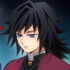 an anime character with black hair and blue eyes