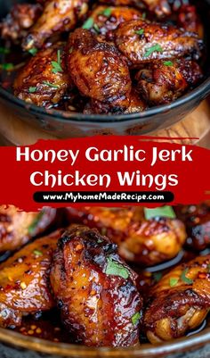 honey garlic jelk chicken wings in a bowl on a wooden table with text overlay