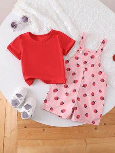 Multicolor  Collar   Colorblock,Geometric,Fruit&Vegetable,Plants,All Over Print  Embellished Slight Stretch  Baby Girls Clothing Vegetable Plants, Strawberry Print, Printed Jumpsuit, Color Shorts, Two Piece Outfit, Top Casual, Baby Sets