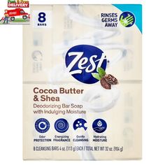 Zest Cocoa Butter & Shea Bar Soap, for All Skin Types, 4 oz, 8 Bars Product description: This bar is your new go-to for smoothness and moisture. Keep your skin nourished and hydrated while cleansing with Zest Cocoa Butter and Shea. Soothe zestfully with our Cocoa Butter bar. It's the first thing you'll want to feel every morning. Zest Cocoa Butter & Shea is an effective formula for men, women, and all skin types. About this item: Zest Cocoa Butter & Shea Bar Soap, for All Skin Types, 4 oz, 8 Bars (Scented) Zest Bar Soap is an Earth friendly choice Uses less plastic, 100% recycled paperboard Uses less energy and water to manufacture Uses more efficient transportation Paraben and phthalate free (Adult)  Specifications: Features Daily Use, Gentle Age Group Adult Scent Scented Skin Type All As Butter Bar, Deodorizing, Body Soap, Earth Friendly, Skin Type, Deodorant