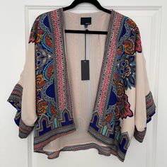 Sz L, Nwot With Tags, Beautiful Original Piece. Non Smoking House, Dog Friendly. Multicolor Boho Print Free-size Kimono, Beach V-neck Kimono With Boho Print, Oversized Multicolor Printed Kimono, Multicolor Cotton V-neck Kimono, Multicolor Long One-size Kimono, Dog Friendly, Blue Cream, Dog Friends, Jackets & Coats