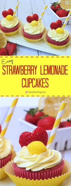 strawberry lemonade cupcakes with strawberries on the top and in the middle